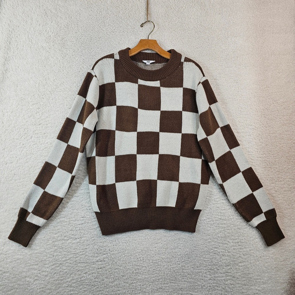 Ascot and Hart Brown Cream Checkerboard‎ Knit Sweater Crewneck Womens Small S